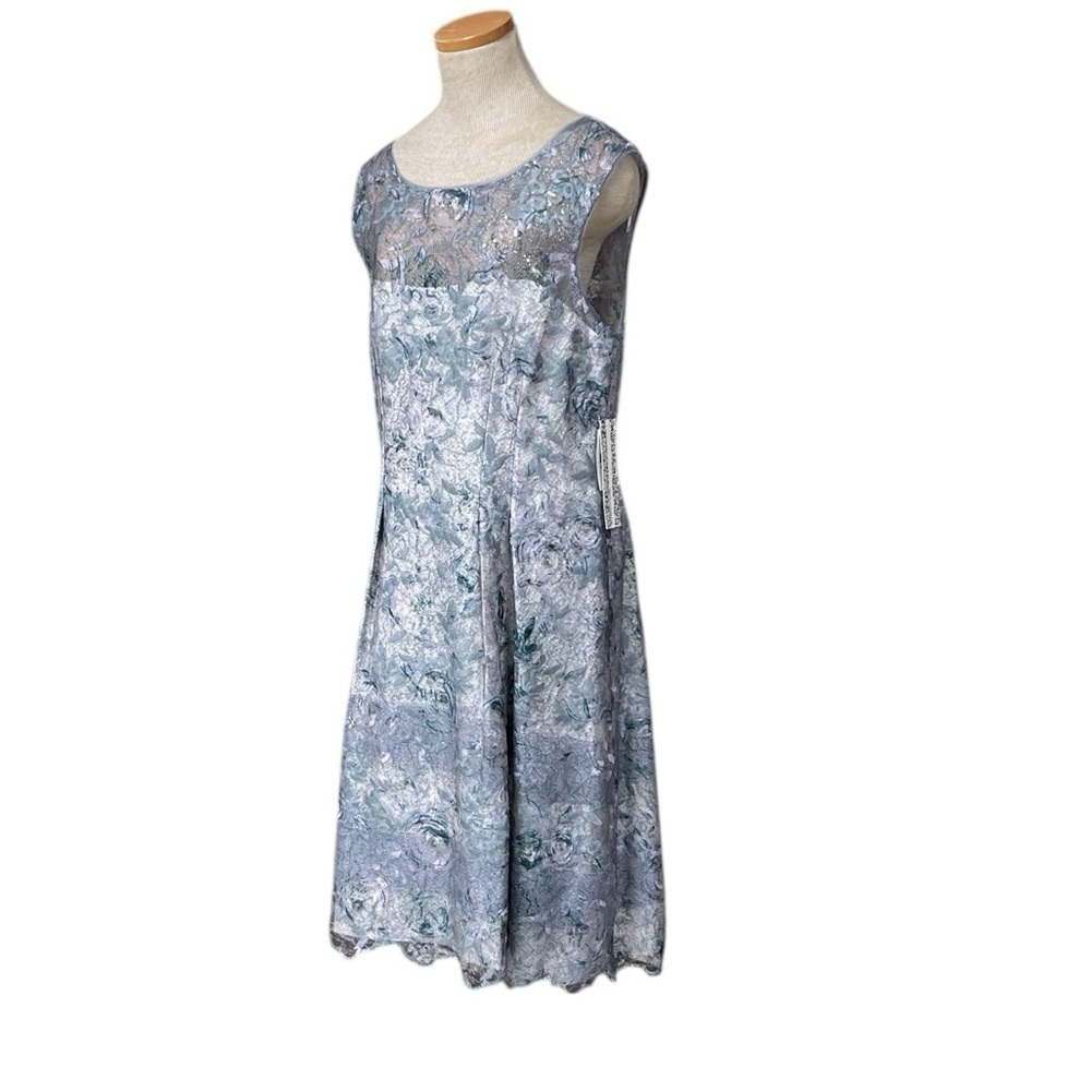 Kay Unger Dress Semi Formal Blue Silver Midi Sleeveless Lace Size 16 NWT